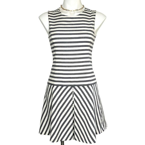 Theory Dresses & Skirts - THEORY‎ Striped Fit and Flare Drop Waist Mini Dress Ivory Gray Navy Blue Size 2